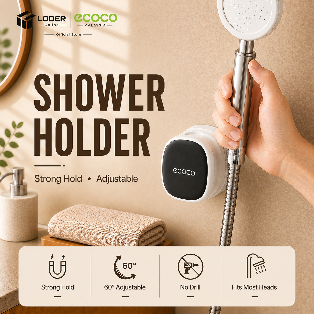 LODER ECOCO Shower Head Holder Adjustable Shower Bracket Wall Mount Suction Cup No Drill Bathroom Holder