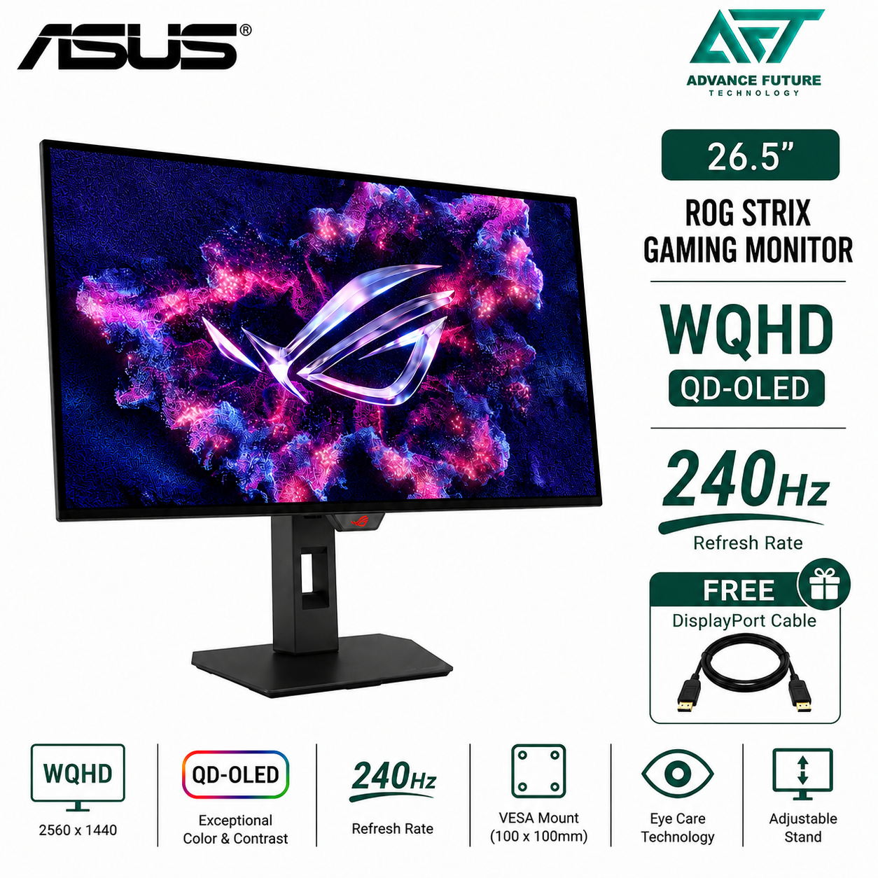 Asus ROG Strix OLED XG27AQDMES 26.5'' WQHD QD-OLED 240Hz Gaming Monitor ( 2x HDMI, DP, Audio, 3 Years Warranty )