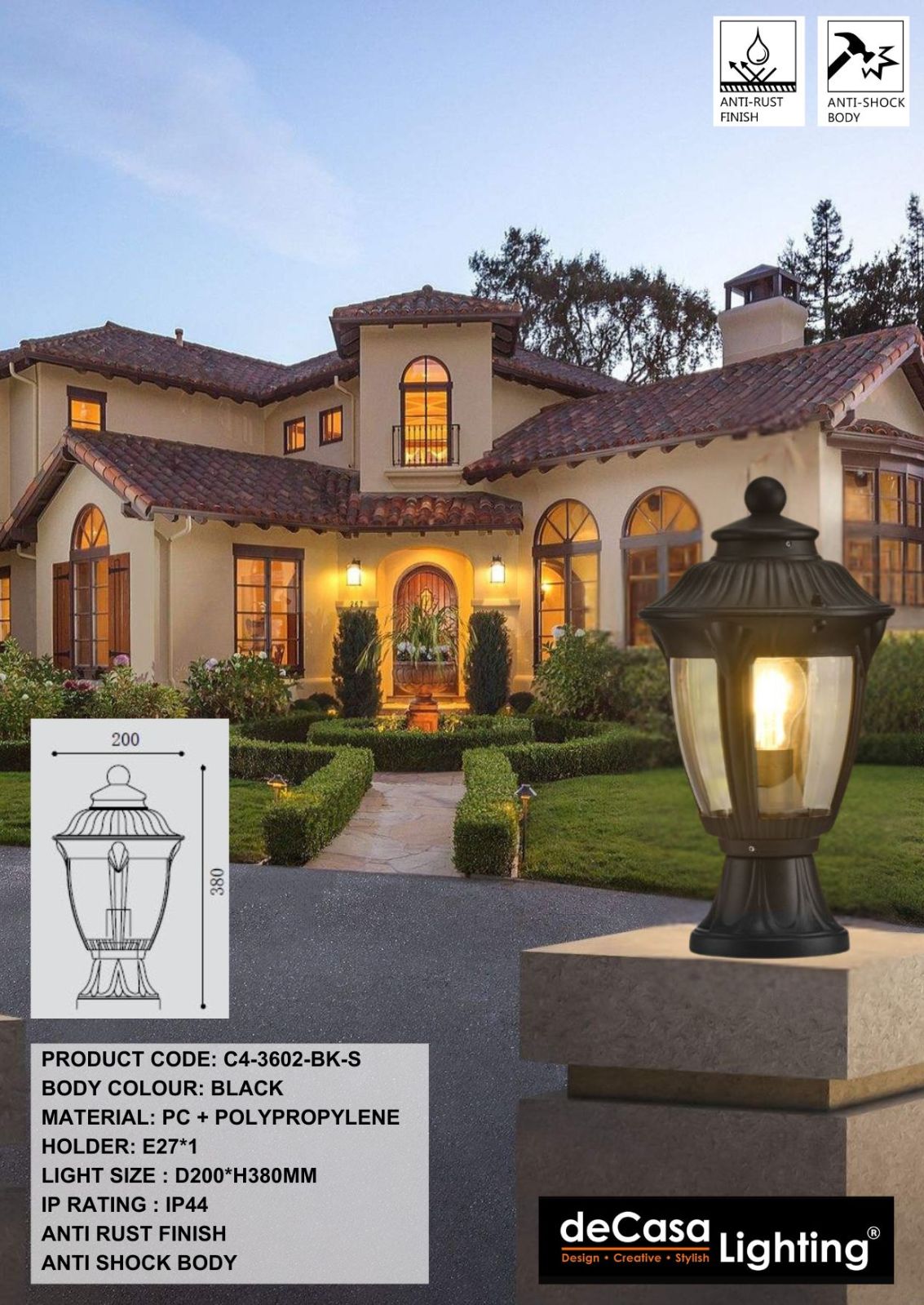 CLASSIC OUTDOOR PILLAR LIGHT / GATE LAMP (3602-BK-S)