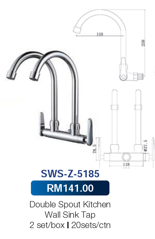 Saniware Double Spout Kitchen Wall Sink Tap 5185