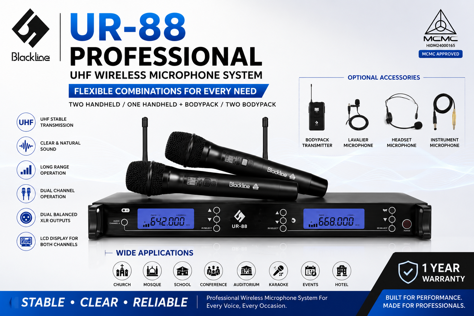 Blackline UR88 Dual Handheld UHF Wireless Microphone – MCMC Certified Long Range Wireless Mic