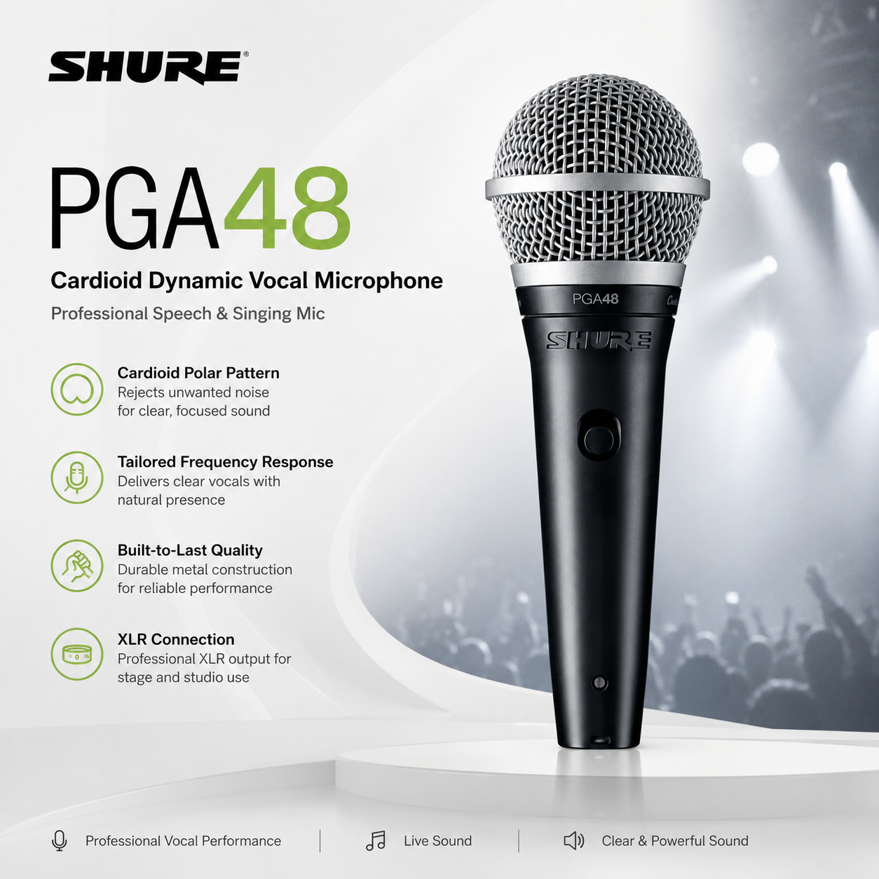 Shure PGA48 Cardioid Dynamic Vocal Microphone – Professional Speech & Singing Mic