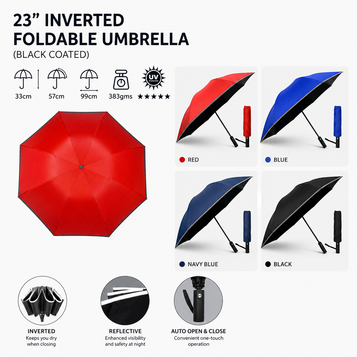 Premium UV Protection Auto Open & Close Folding Inverter Umbrella (23in)