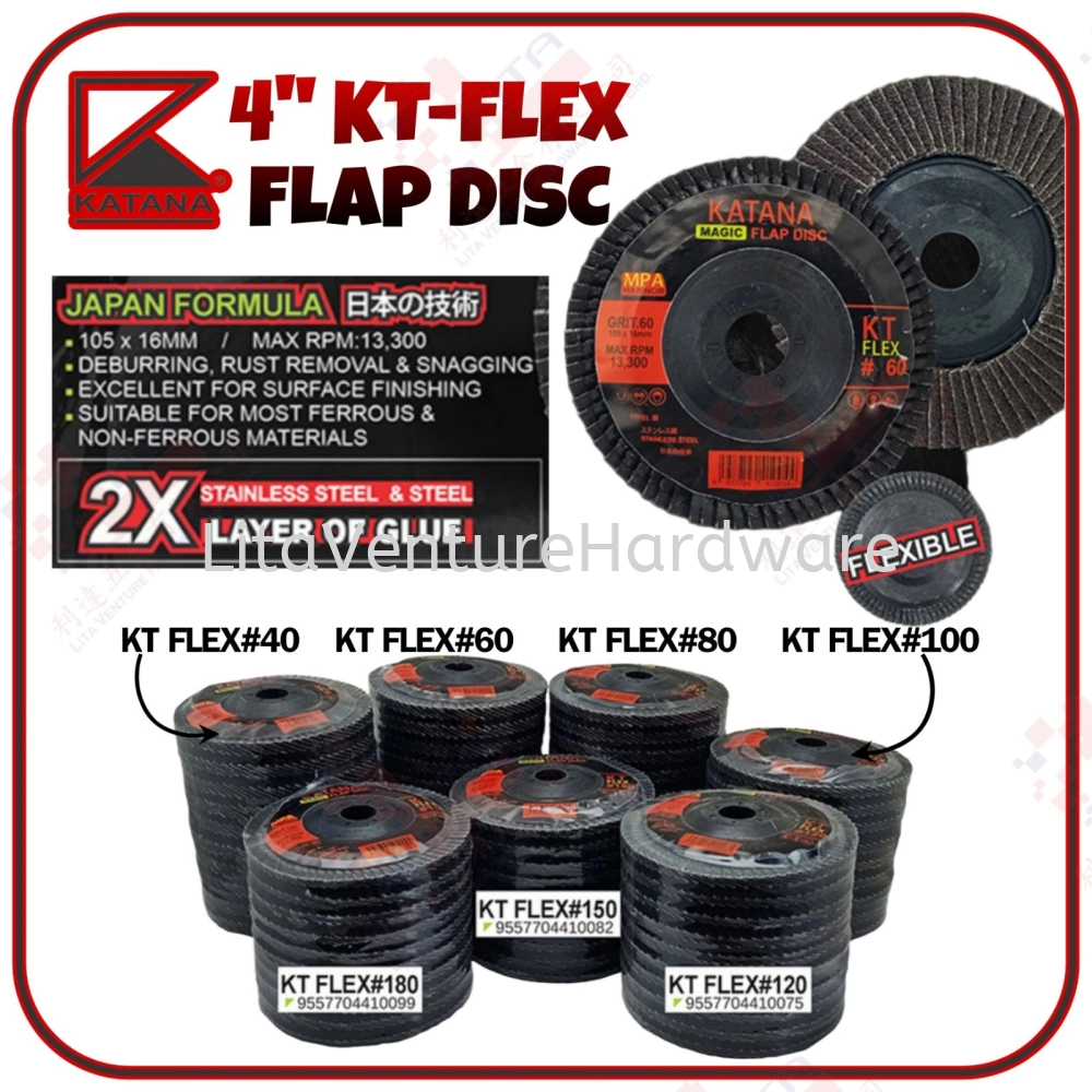 KATANA JAPAN 4'' KT-FLEX FLAP DISC FOR MOST FERROUS & NON FERROUS MATERIALS -  KTFLEX#40 KTFLEX#60 KTFLEX#80 KTFLEX #100 KTFLEX#180 KTFLEX#150 KTFLEX#120