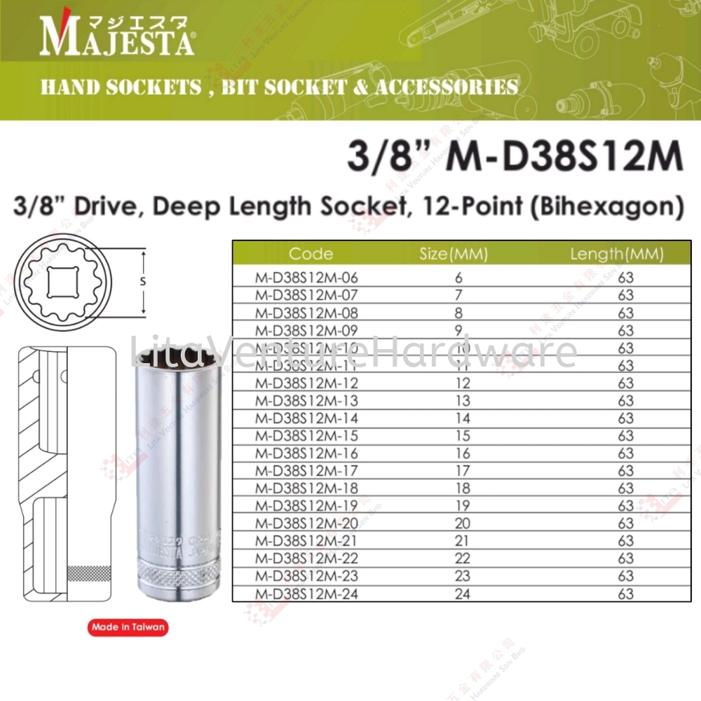 MAJESTA BRAND 3/8'' DRIVE DEEP LENGTH SOCKET 12 POINT - MD38S12M
