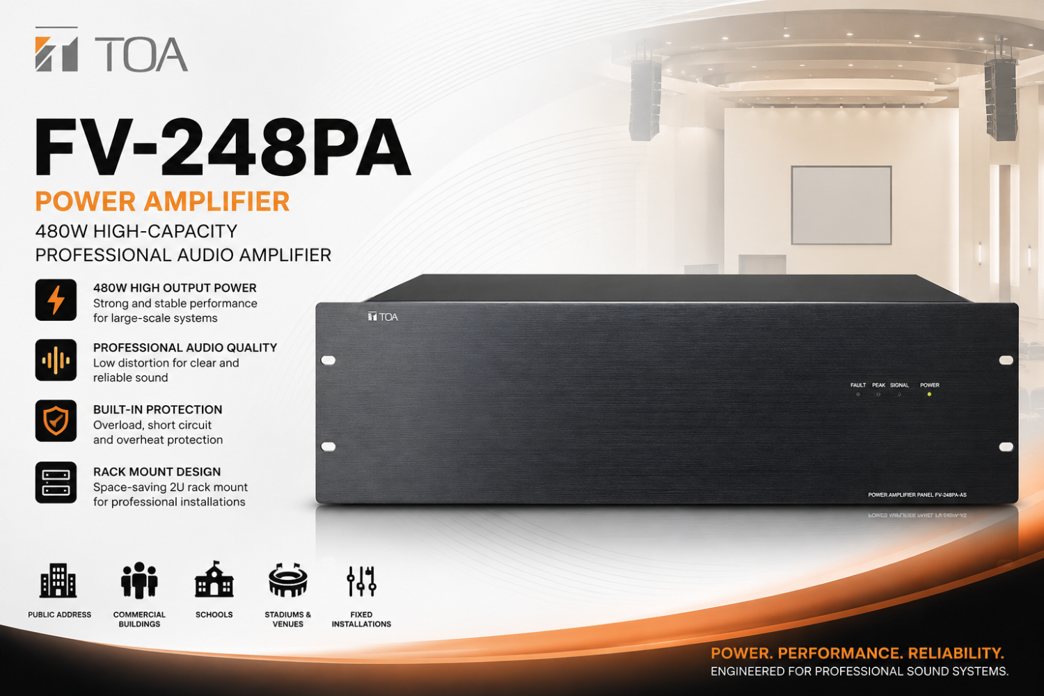 TOA FV248PA Power Amplifier – 480W High-Capacity Professional Audio Amplifier