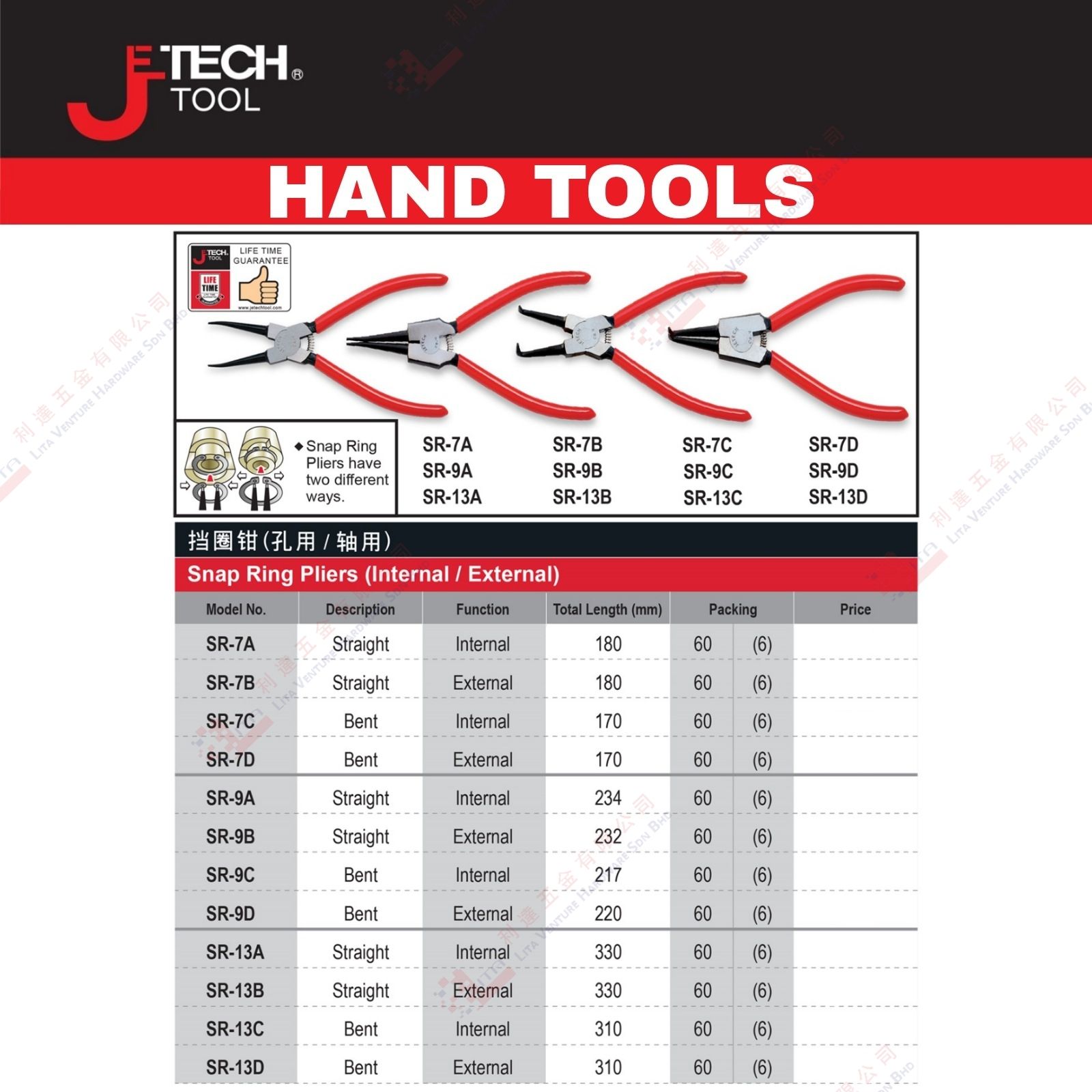 JE TECH BRAND SNAP RING PLIERS - SR7A SR7B SR7C SR7D SR9A SR9B SR9C SR9D SR13A SR13B SR13C SR13D