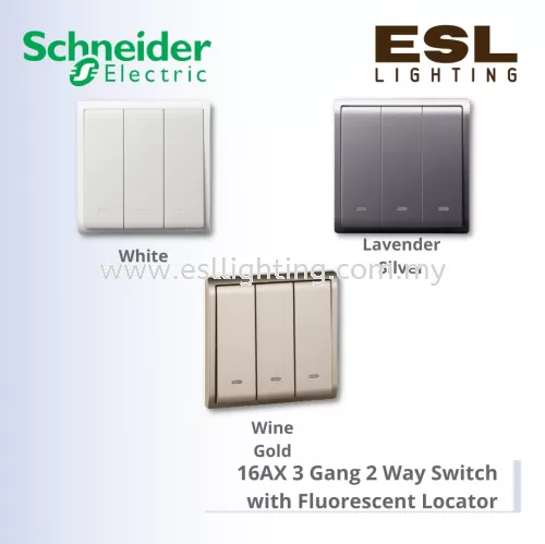 SCHNEIDER Pieno 16AX 3 Gang 2 Way Switch with Fluorescent Locator - E8233L2F_WE_G11 E8233L2F_LS_G11 E8233L2F_WG_G11