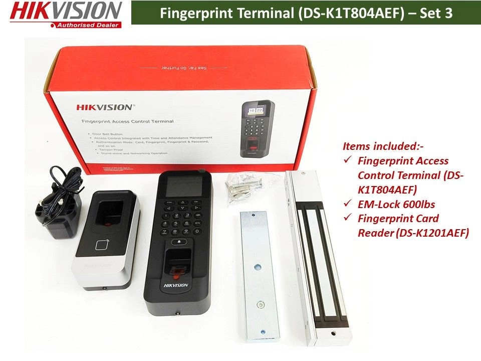 HIKVISION DS-K1T804AEF Fingerprint & Time Attendance Door Access Control Terminal + EM-Lock Package ( Fingerprint + Card Reader / Fingerprint Reader / Exit Button)