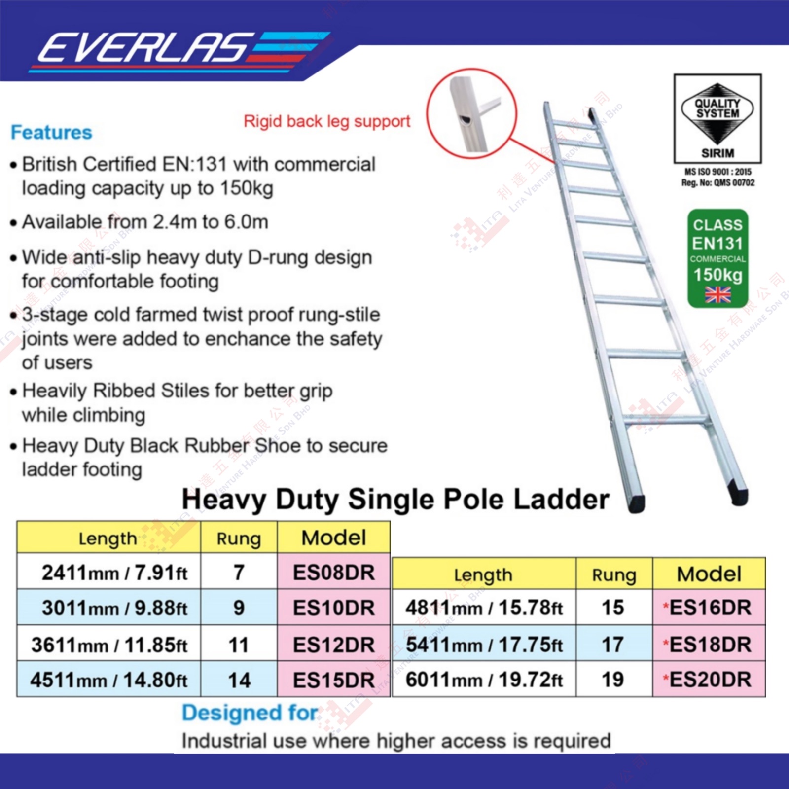EVERLAS BRAND SINGLE POLE LADDER - ES08DR ES10DR ES12DR ES15DR ES16DR ES18DR ES20DR