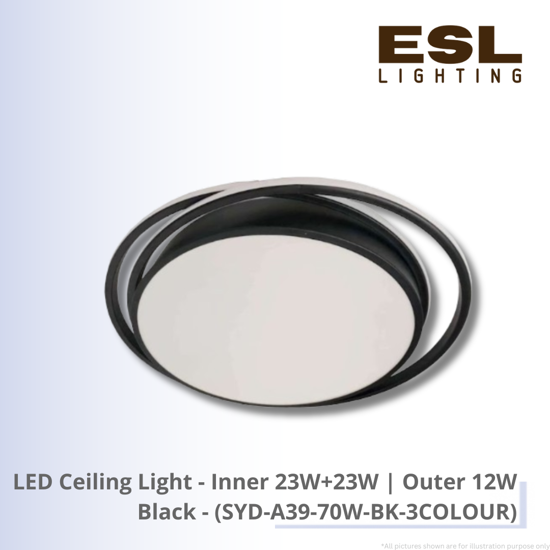 LED Ceiling Light Inner 23W+23W | Outer 12W Black - SYD-A39-70W-BK-3COLOUR