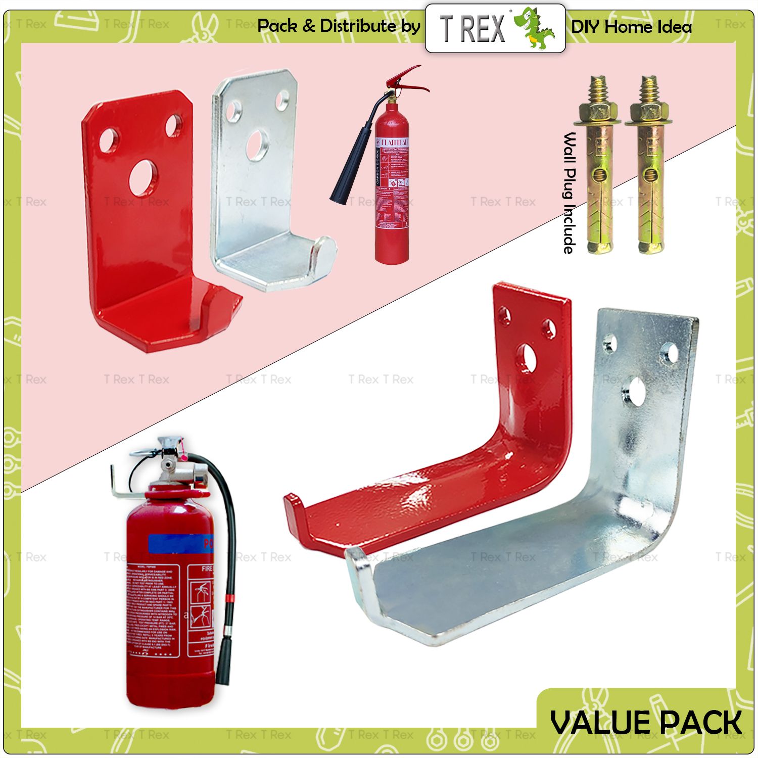 T Rex DIY Fire Extinguisher Hook Hanger L Bracket / Fire Hose Sign Plate Red
