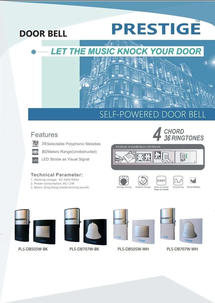 PRESTIGE SELF POWERED DOOR BELL 4CHORD 36 RINGTONES 2 COLOUR