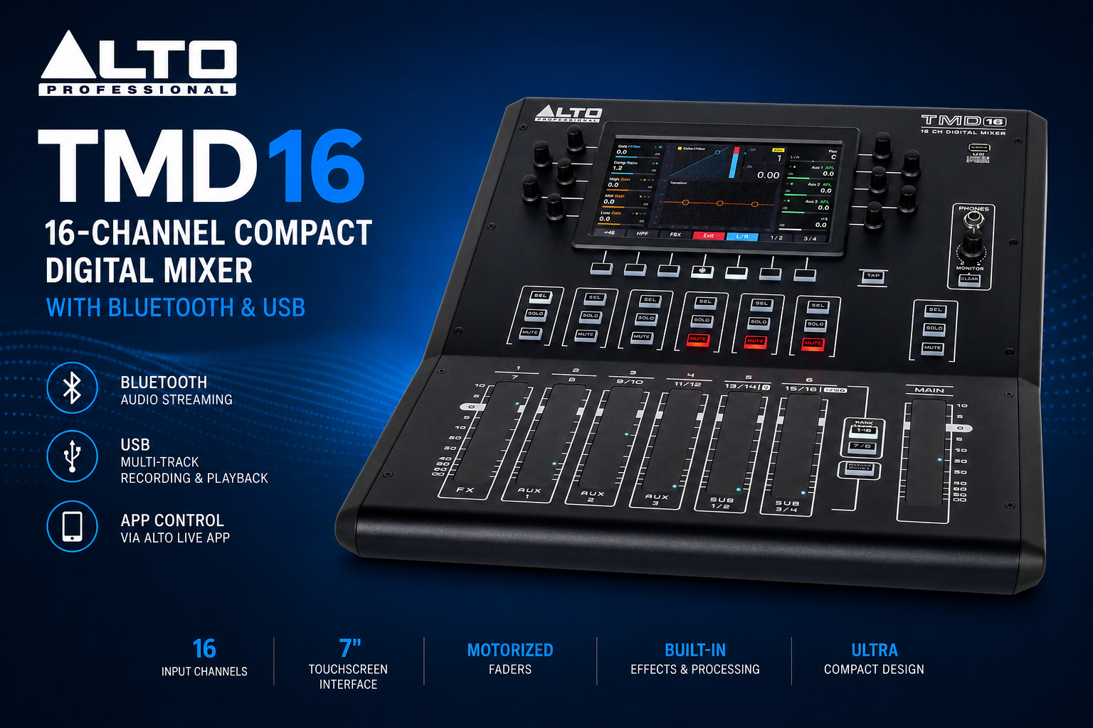 Alto Professional TMD16 16-Channel Compact Digital Mixer with Bluetooth & USB