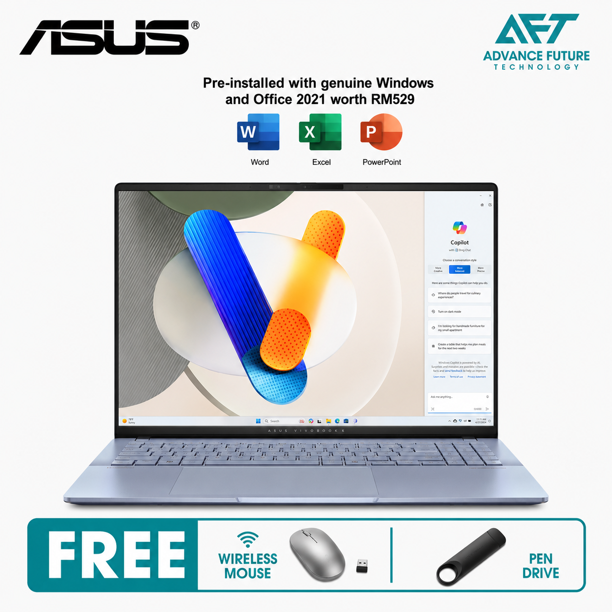 Asus VivoBook S 16 OLED S5606M-AMX176WSM 16" 3.2K Laptop Mist Blue ( Intel Core Ultra 5 125H, 16GB, 512GB SSD, Intel, W11, H&S 2021&M365 )