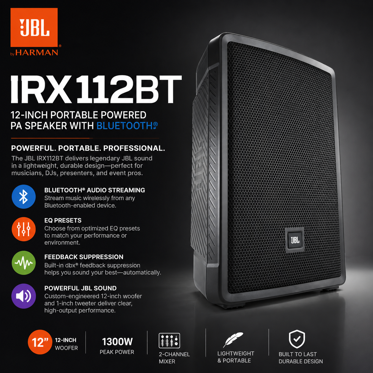 JBL IRX112BT 鈥 Pembesar Suara PA Berkuasa Mudah Alih 12 Inci dengan Penstriman Audio Bluetooth, Pratetap EQ & Penyekatan Maklum Balas