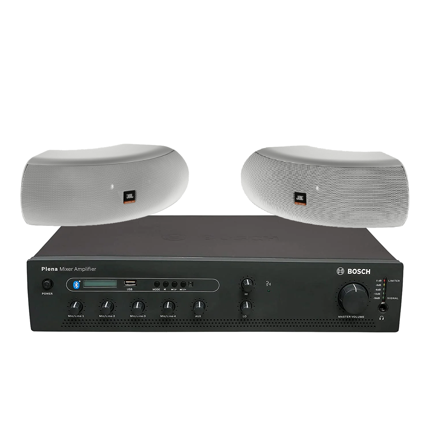 Bosch PA Package with PLE-1MEXXX-3AP 60W/120W/240W Mixing Amplifier & JBL Control CRV Versatile High Design Architectural Speaker