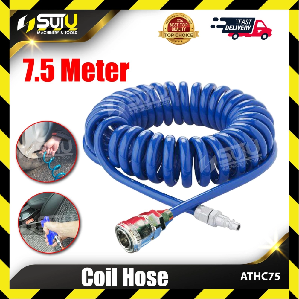 ATHC75 8MM x 7.5M Coil Hose / Pu Coil Tubing Compressor Hose c/w Quick Coupler Air Hose