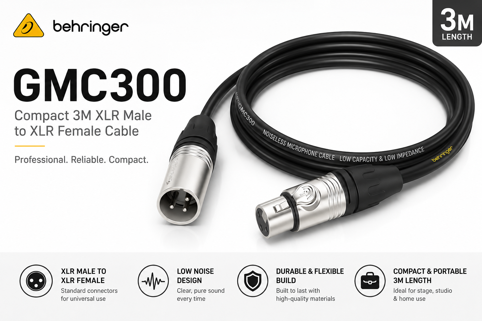 Behringer GMC300 – Compact 3M Instrument Cable with Gold Connectors