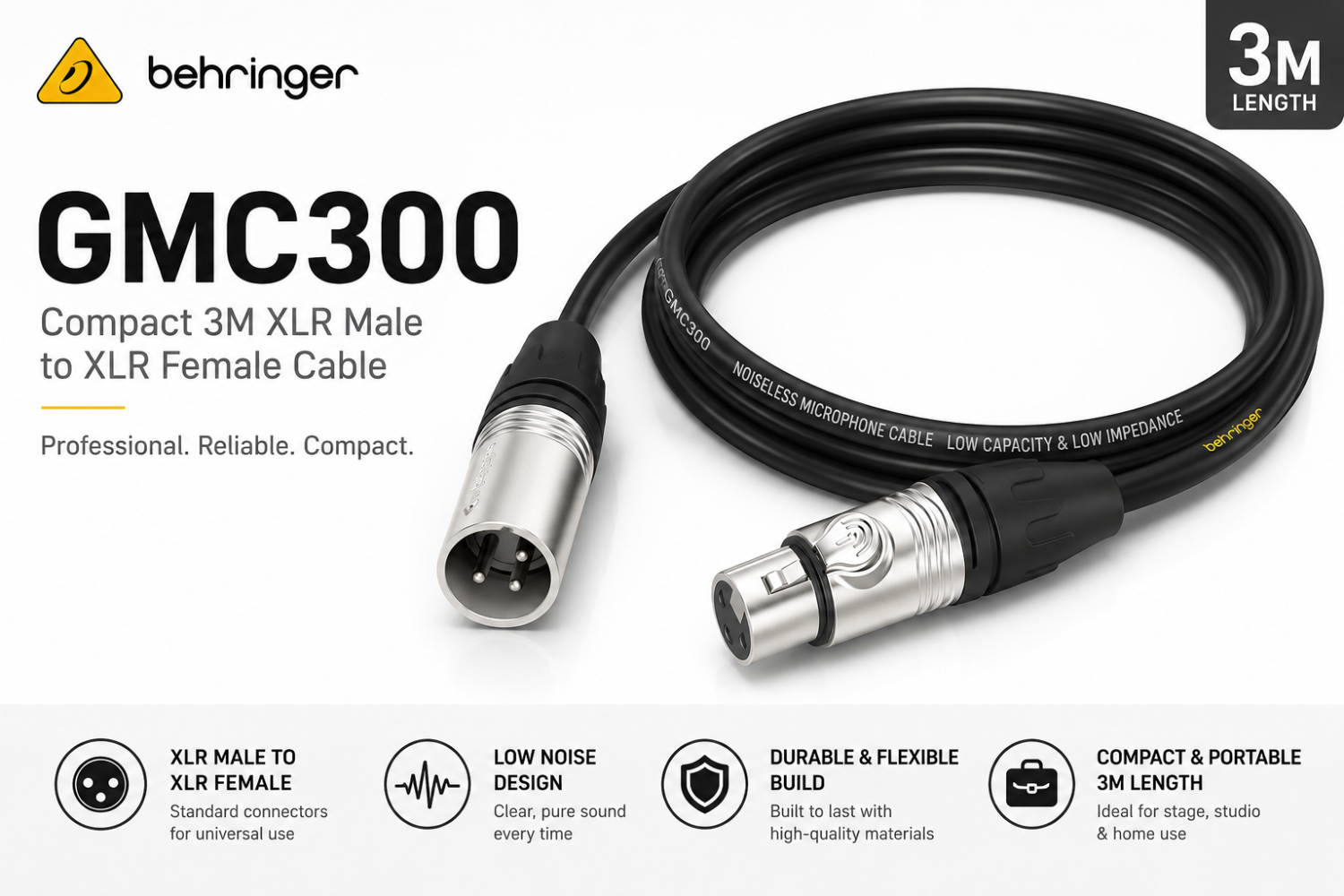 Behringer GMC300 – Compact 3M Instrument Cable with Gold Connectors