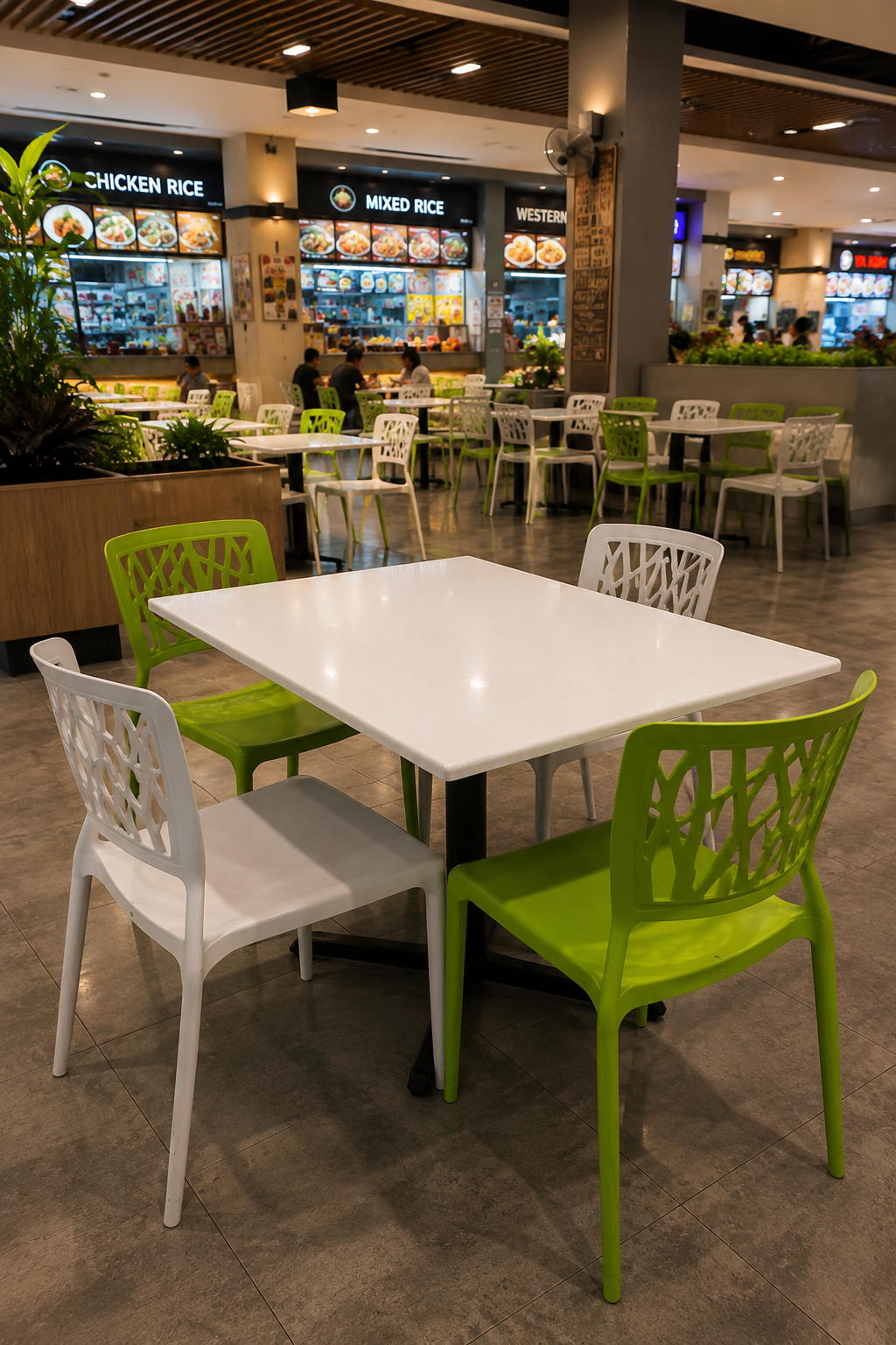 Fibre Glass Table with Rocket Leg + Izzy Plastic Chair Set