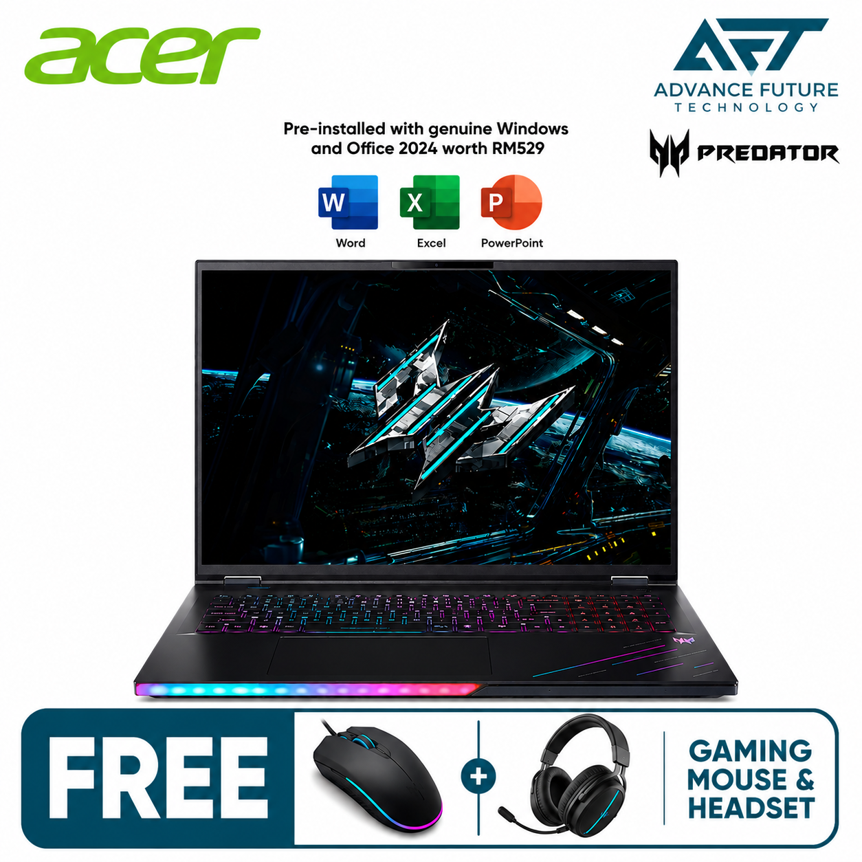 Acer Predator Helios 18 AI PH18-73-99SQ 18'' WQXGA 250Hz Gaming Laptop Black ( Intel Core Ultra 9 275HX, 96GB, 4TB SSD, RTX5080, W11, H&S 2024&M365 )