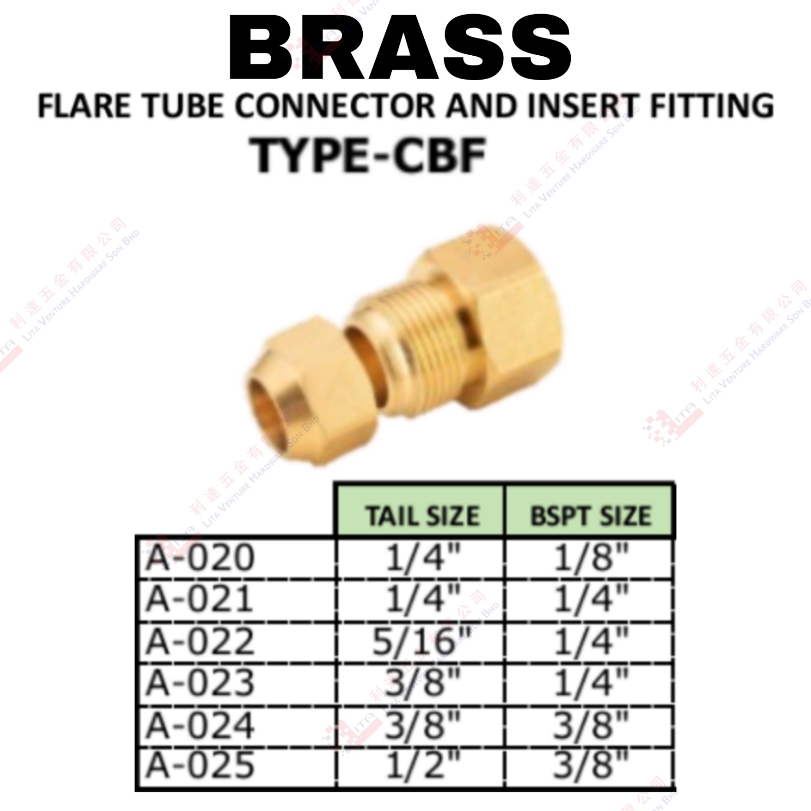 BRASS FLARE TUBE CONNECTOR AND INSERT FITTING TYPE CBF - A020 A021 A022 A023 A024 A025