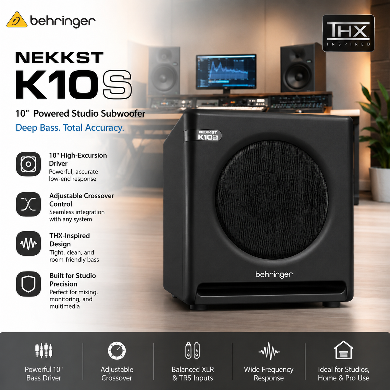 Behringer Nekkst K10S – Subwoofer Studio Aktif 10" dengan Crossover Boleh Laras & Reka Bentuk THX