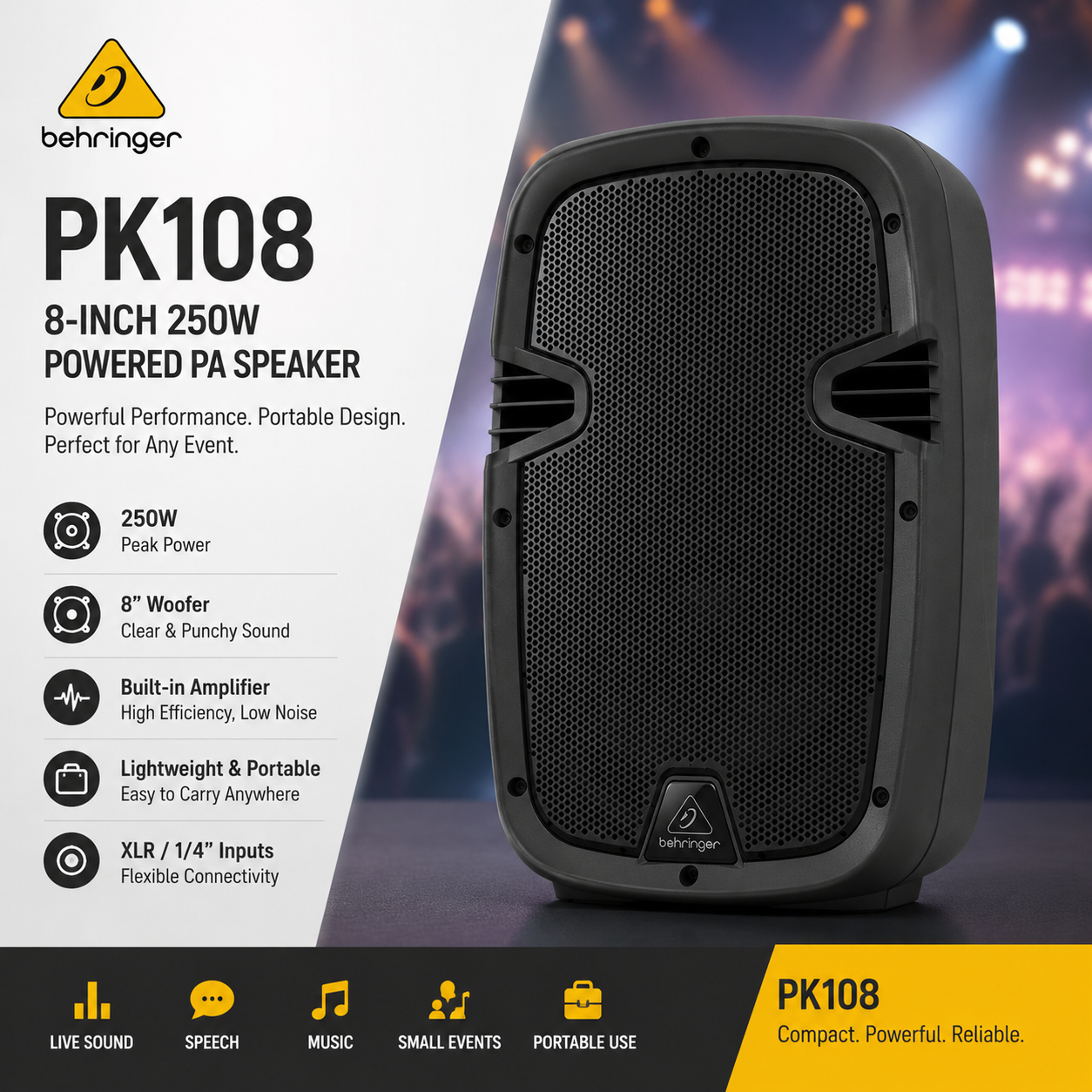 Behringer PK108 – 8英寸250W有源PA音箱，适用于便携使用与小型活动
