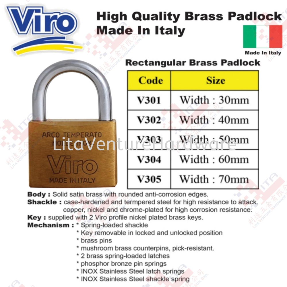 VIRO BRAND RECTANGULAR BRASS PADLOCK 30MM 40MM 50MM 60MM 70MM - V301 V302 V303 V304 V305