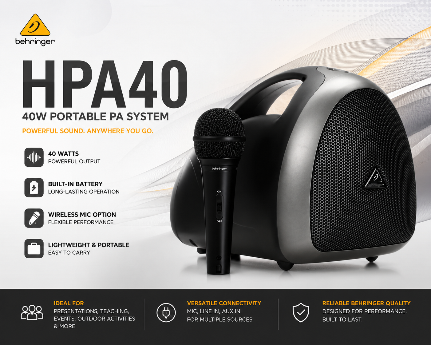 Behringer HPA40 – 40瓦便携式扩音系统，支持无线麦克风与电池供电