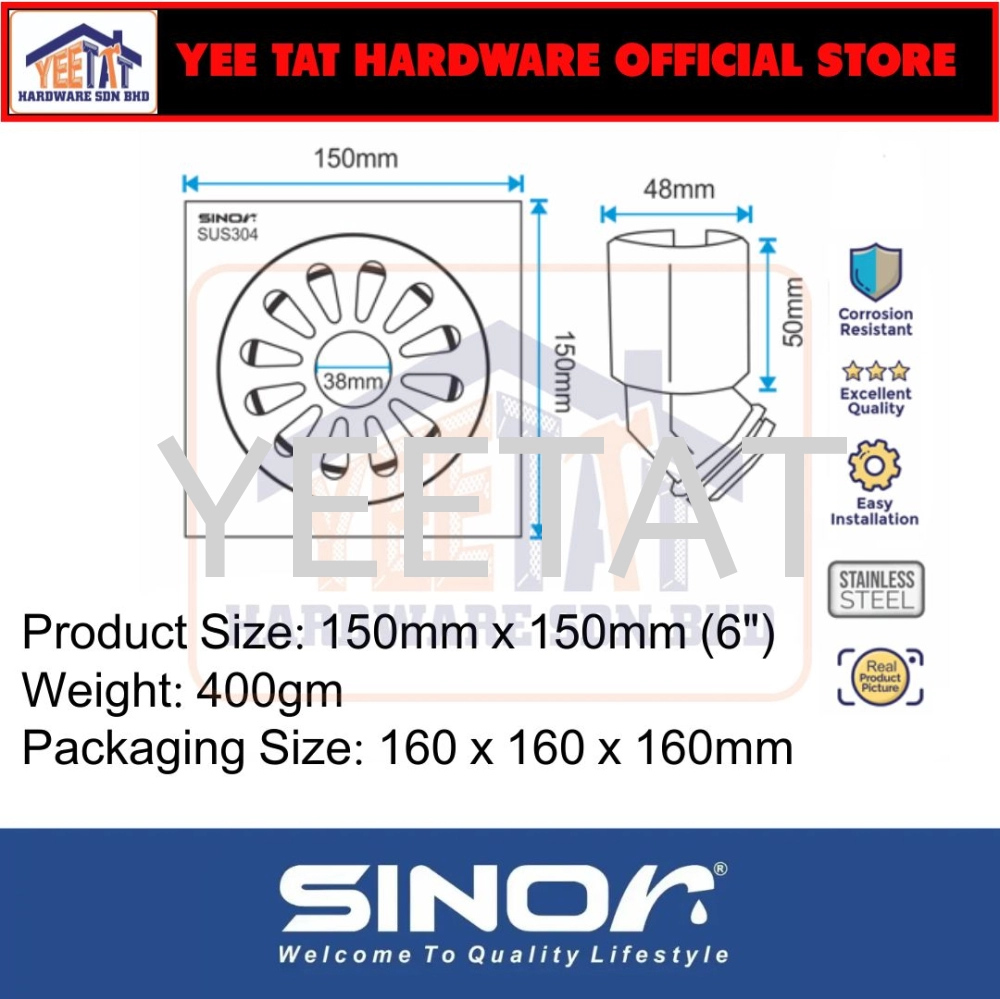 [ SINOR ] SD-417-6 STAINLESS STEEL 6"X 6" DEODORIZE FLOOR GRATING WITH WASHING MACHINE CONNECTOR