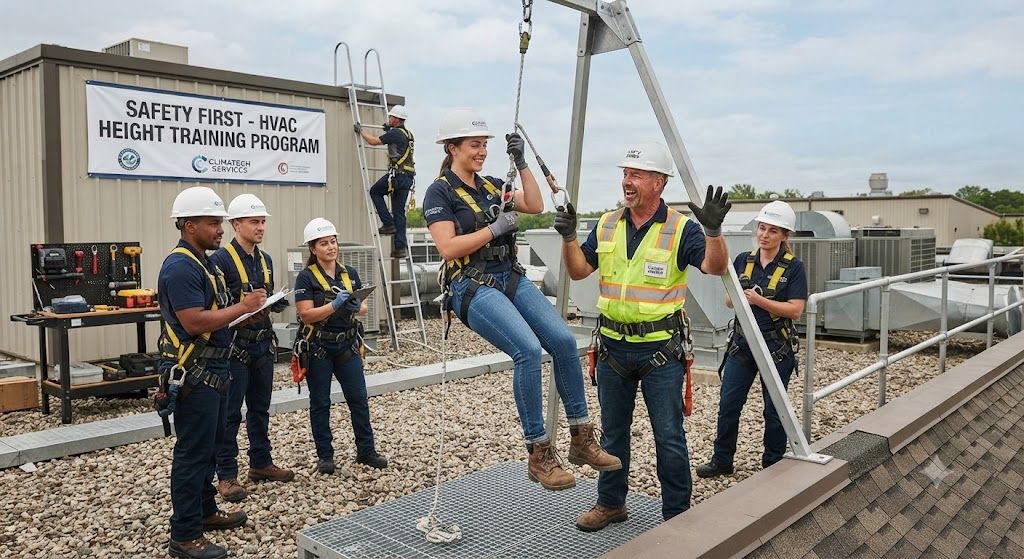 HVAC harness usage training for rooftop work