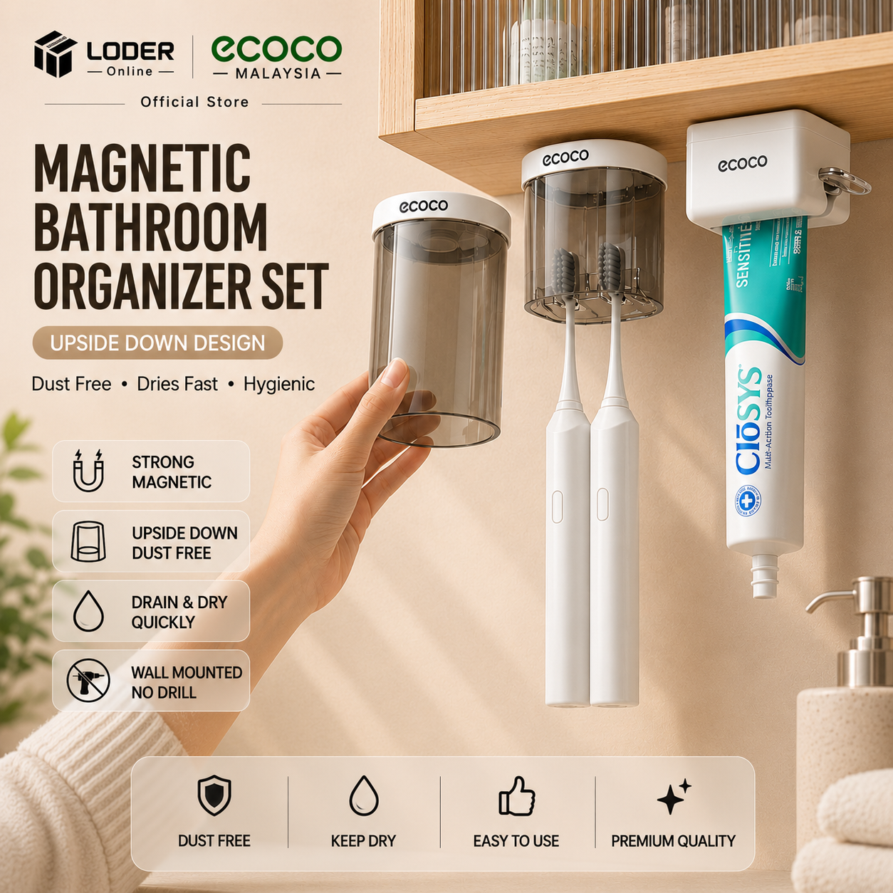 LODER ECOCO Magnetic Toothbrush Holder Wall Mounted Upside Down Cup Bathroom Organizer No Drill Toothpaste Dispenser