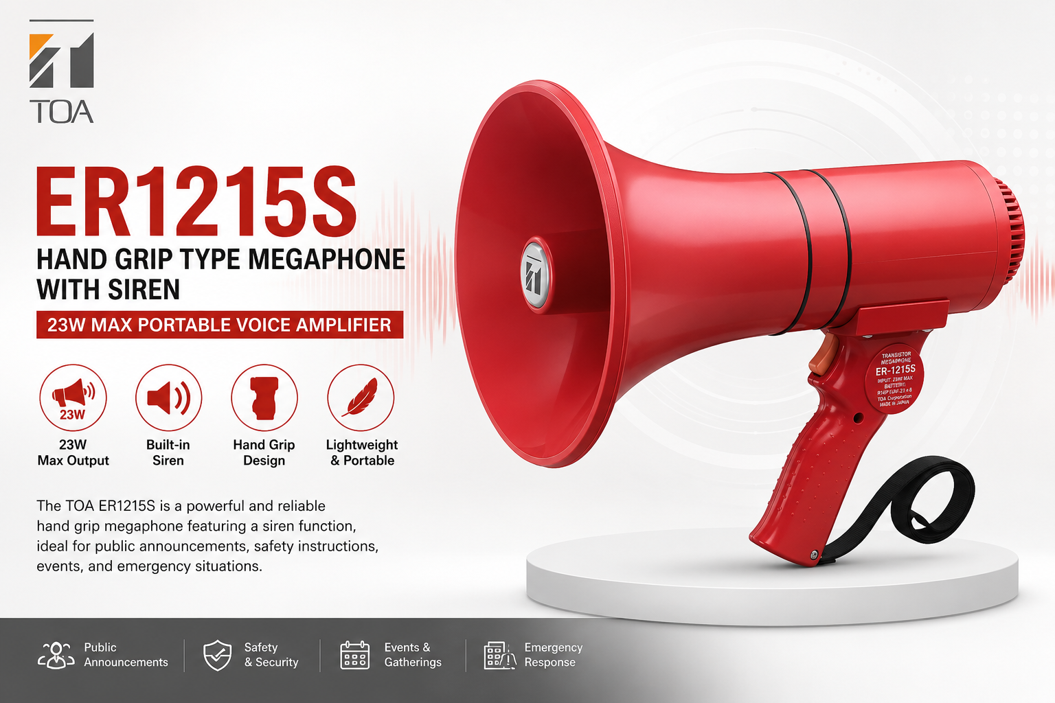TOA ER1215S 手持式扩音器带警报 – 23W 最大功率便携式喊话器