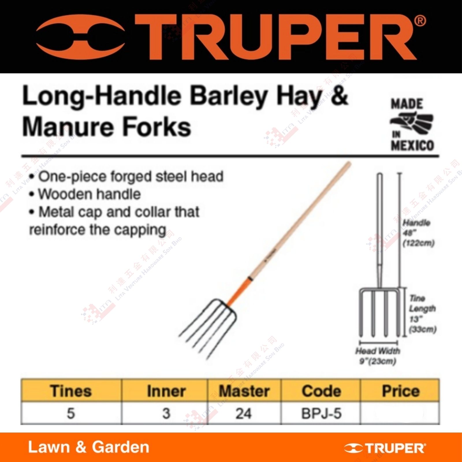 TRUPER BRAND LONG HANDLE BARLEY HAY&MANURE FORKS - BPJ5