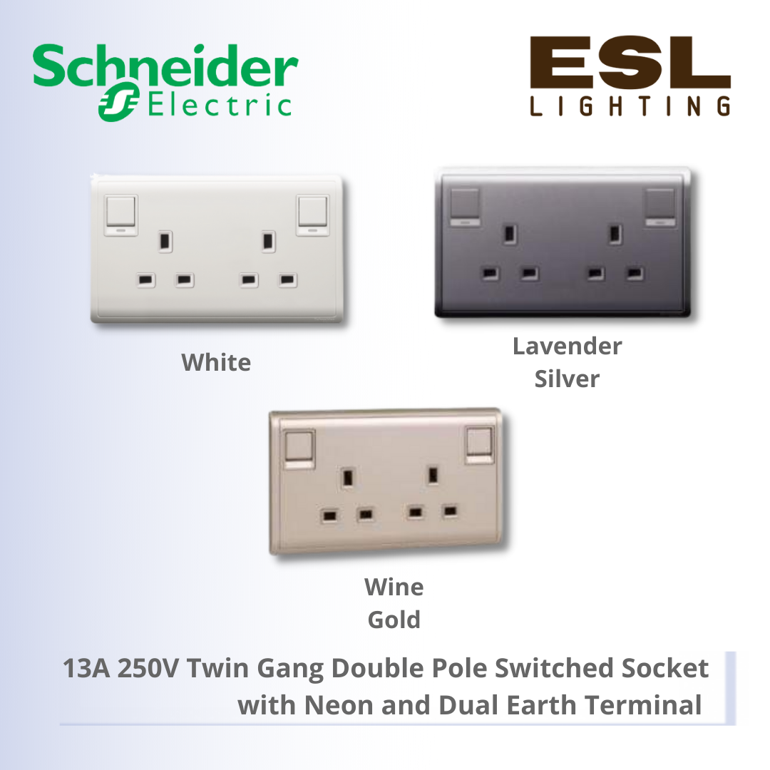 [DISCONTINUE] SCHNEIDER Pieno 13A 250V Twin Gang Double Pole Switched Socket with Neon and Dual Earth Terminal - E82T25DNC_WE_G11 E82T25DNC_LS_G11 E82T25DNC_WG_G11