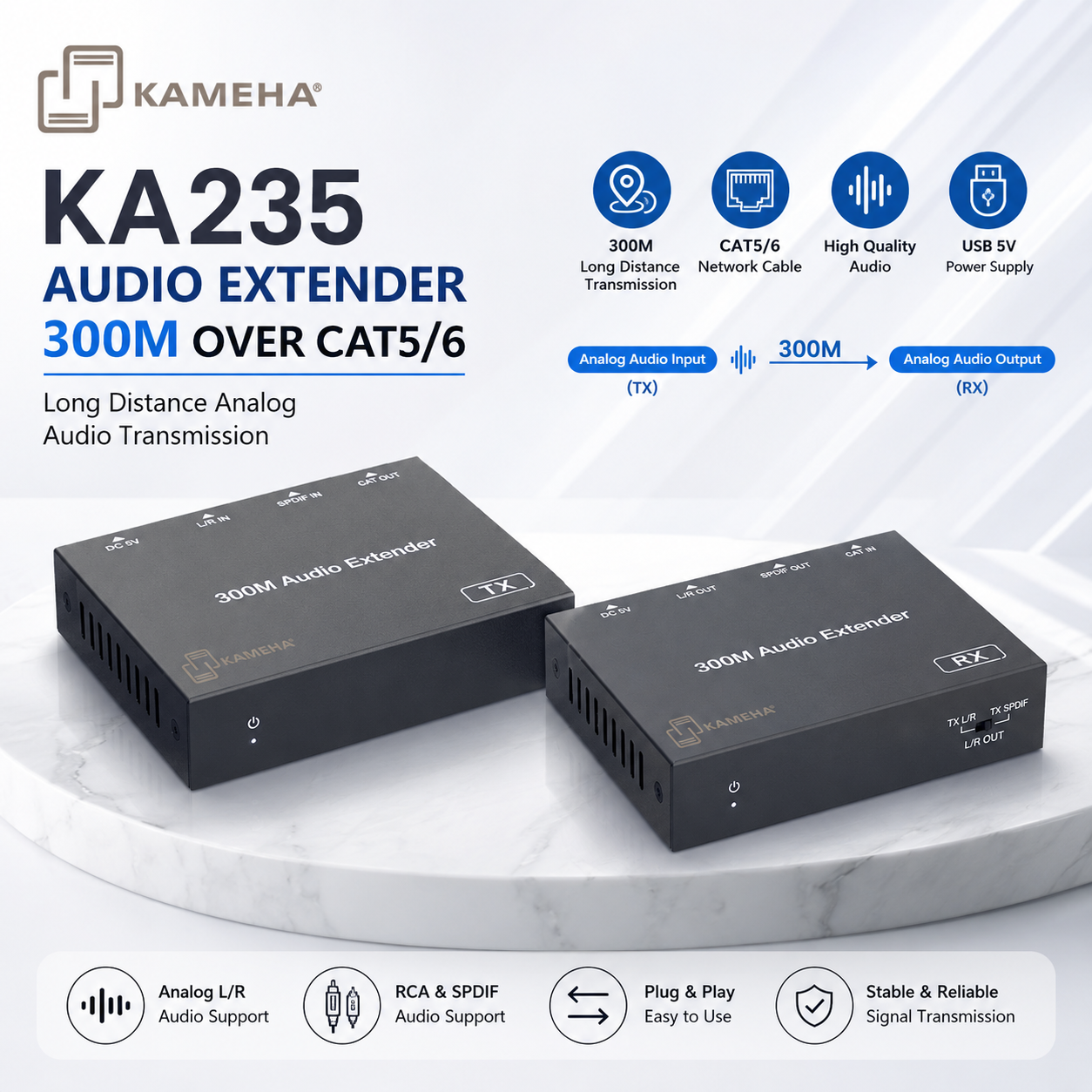 KAMEHA KA235 Audio Extender 300M over CAT6 | Sistem Penghantaran Audio Jarak Jauh