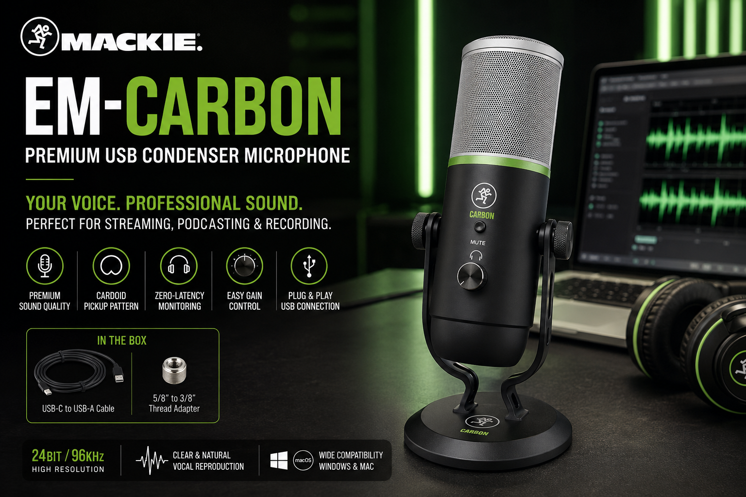 Mackie EM-Carbon Premium USB Condenser Microphone | Professional Streaming, Podcasting & Recording Mic