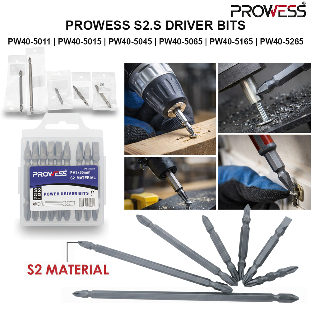 PROWESS S2.S DRIVER BITS | S2 STEEL SCREWDRIVER BITS | PROFESSIONAL IMPACT DRIVER BITS ( PW40-5011 | PW40-5015 | PW40-5045 | PW40-5065 | PW40-5165 | PW40-5265 )