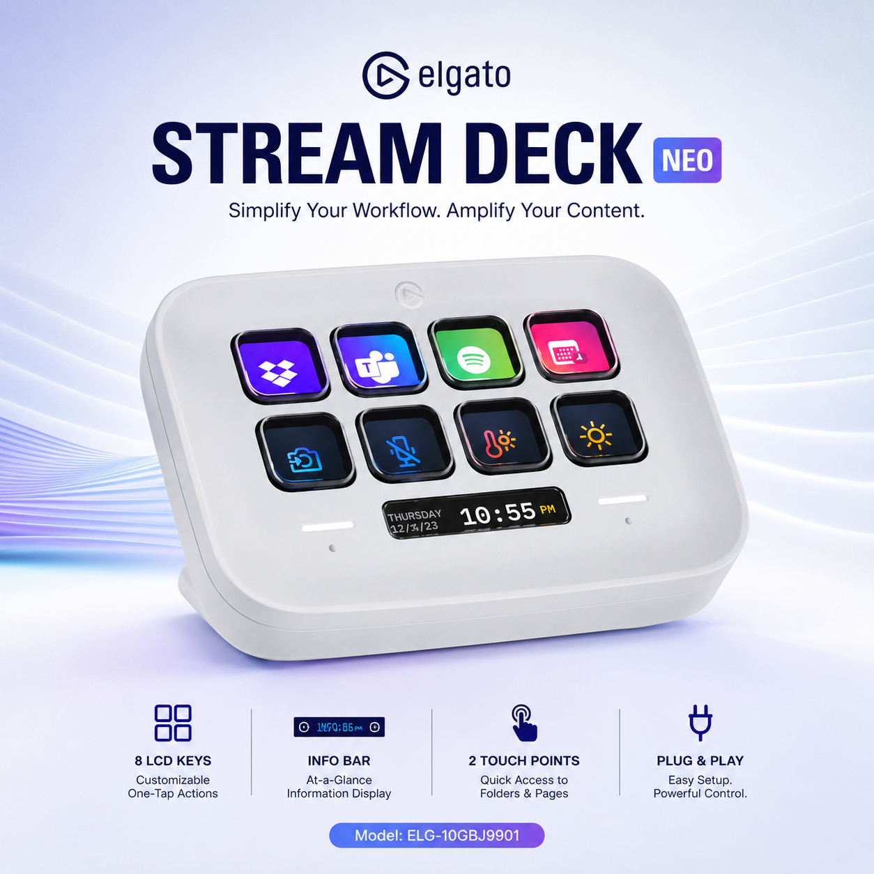 Elgato Stream Deck Neo – 8-Key Control Pad with Info Bar & 2 Touch Points (Model: ELG-10GBJ9901)