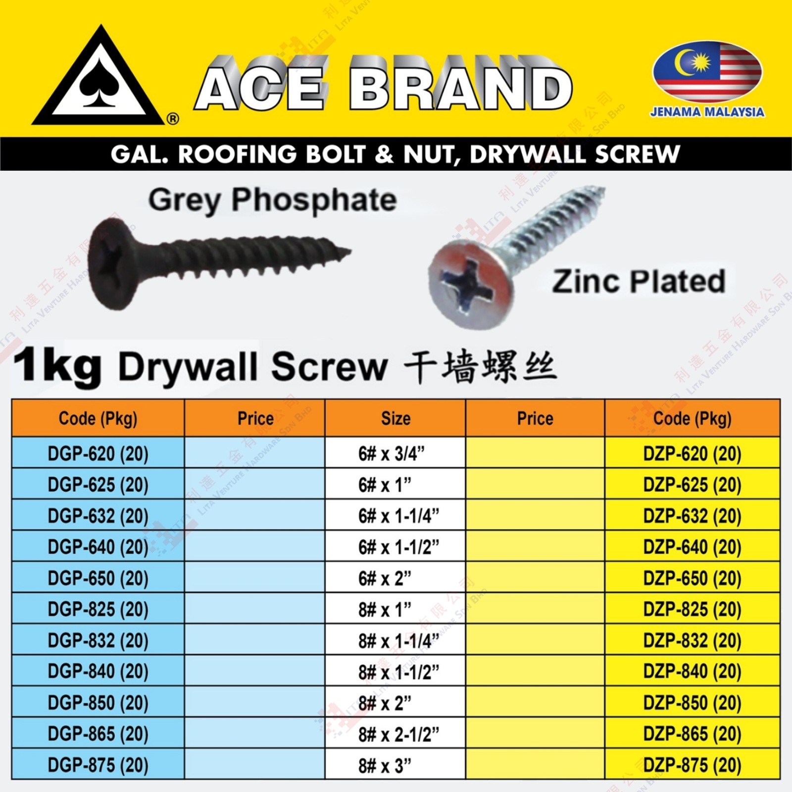 ACE BRAND DRYWALL SCREW - DGP620 DGP625 DGP632 DGP640 DGP650 DGP825 DGP832 DGP840 DGP850 DGP865 DGP875