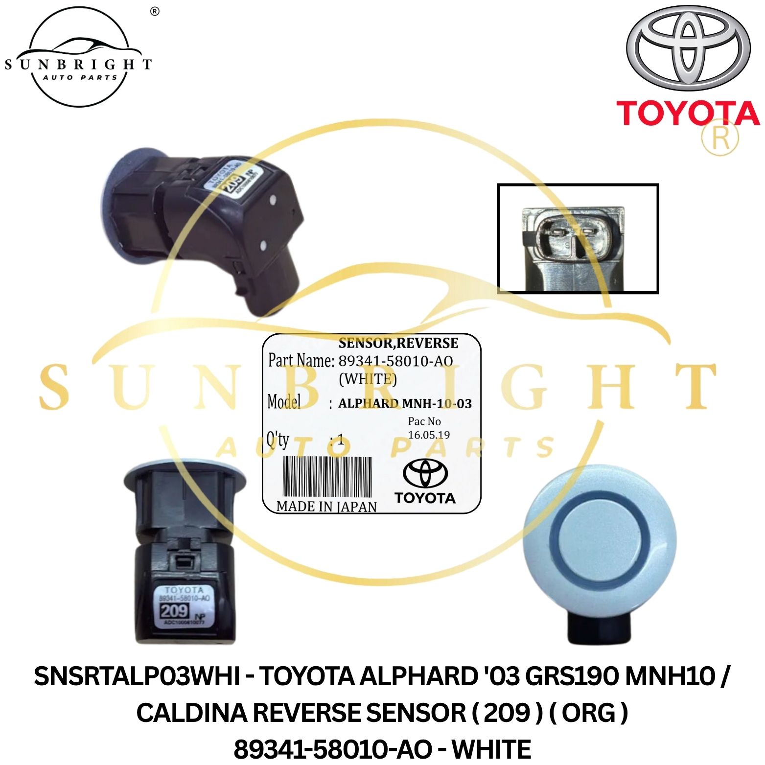 SNSRTALP03WHI - TOYOTA ALPHARD '03 GRS190 MNH10 / CALDINA REVERSE SENSOR ( 209 ) ( ORG ) 89341-58010-AO - WHITE