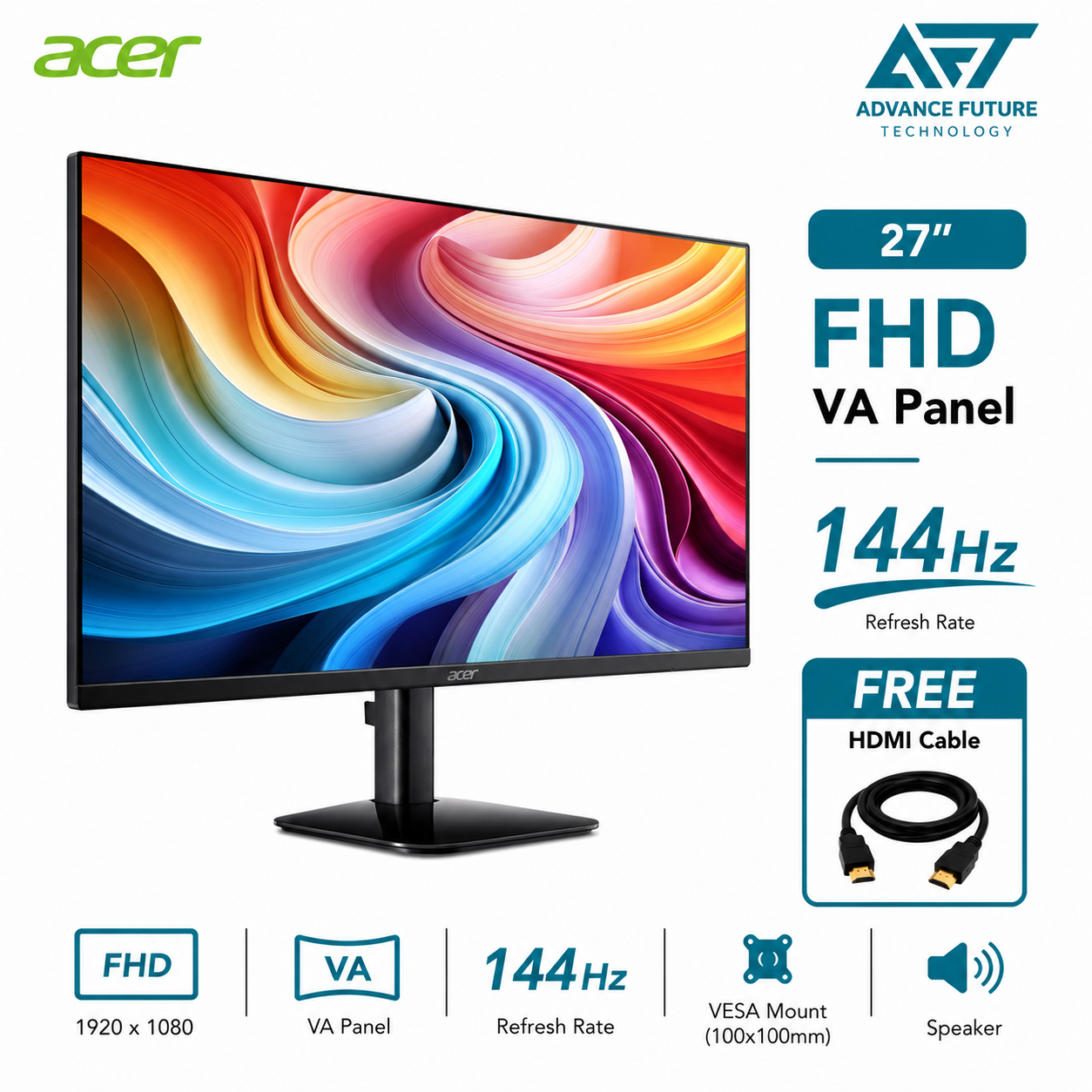 Acer KA272P0 27'' FHD VA 144Hz Flat Monitor ( Speaker, HDMI, VGA, 3 Years Warranty )