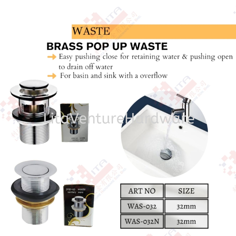 BRASS POP UP WASTE - WAS032 WAS032N