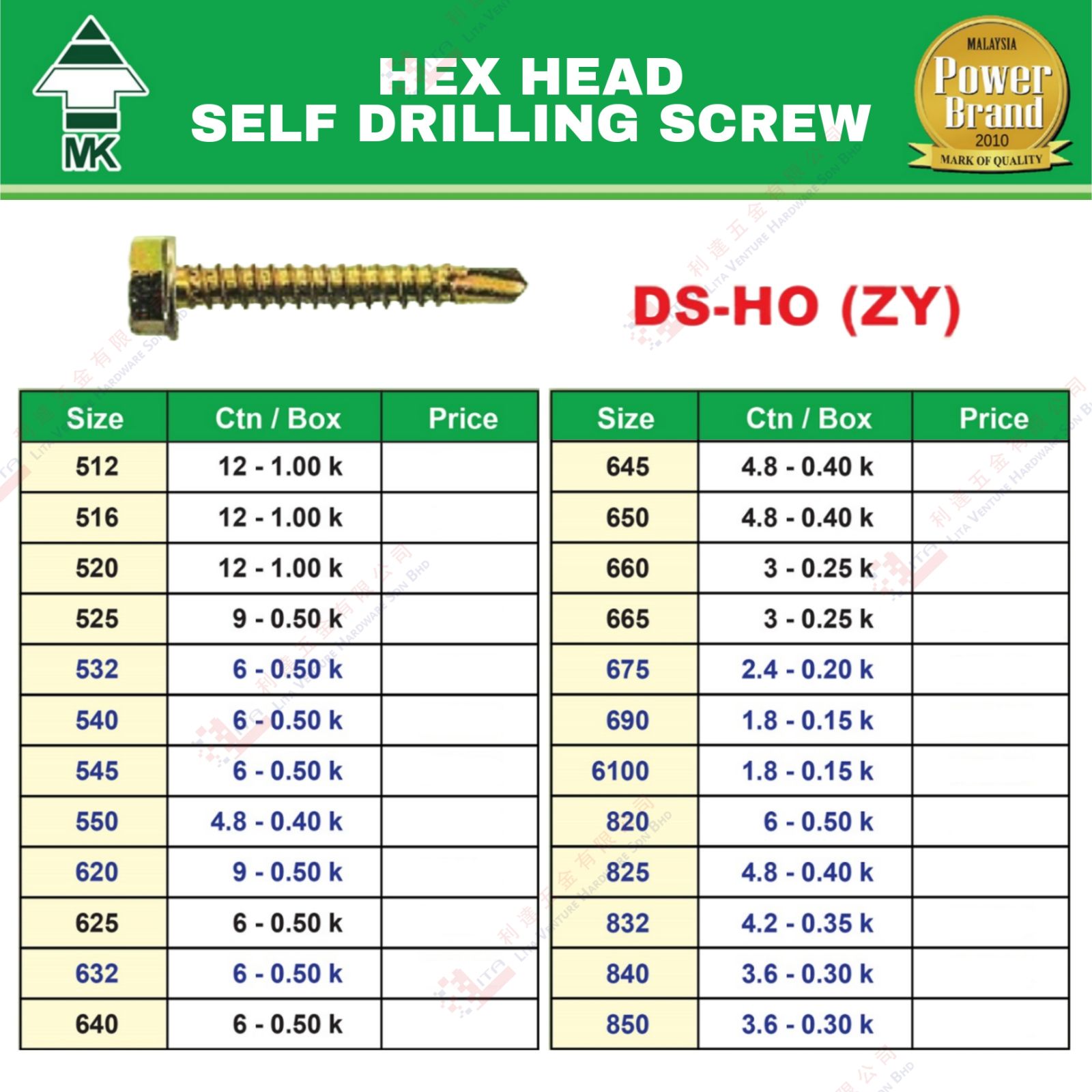 MK BRAND HEX HEAD SELF DRILLING SCREW - DSHOZY