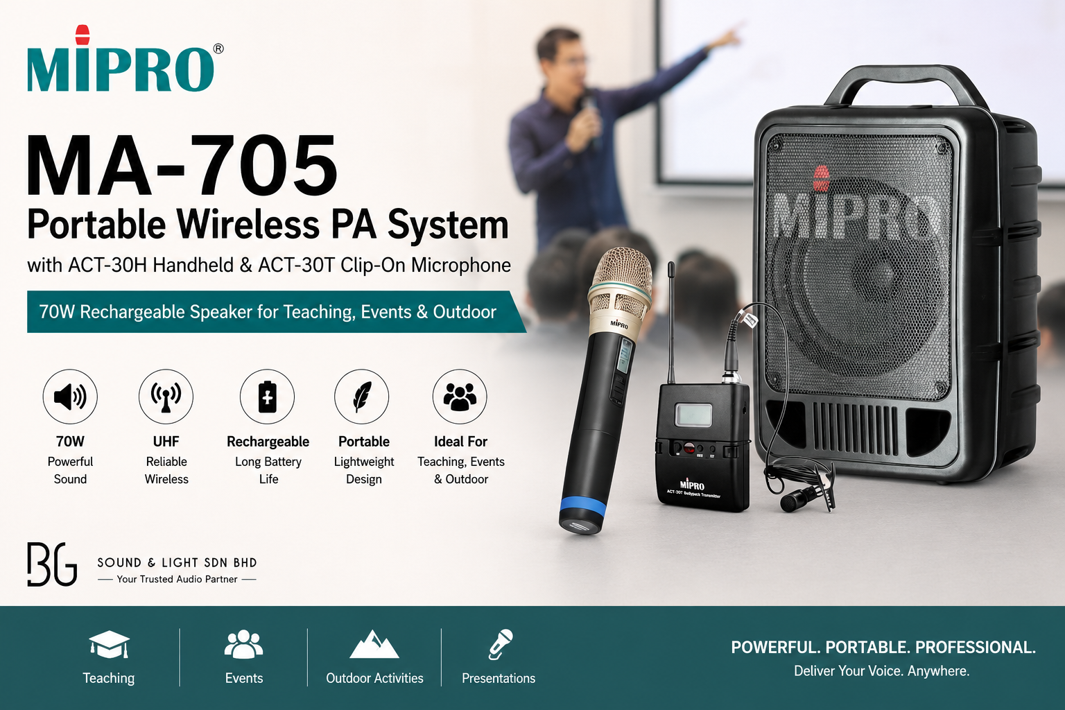MIPRO MA-705 Portable Wireless PA System with ACT-30H Handheld & ACT-30T Clip-On Microphone – 70W Rechargeable Speaker for Teaching, Events & Outdoor