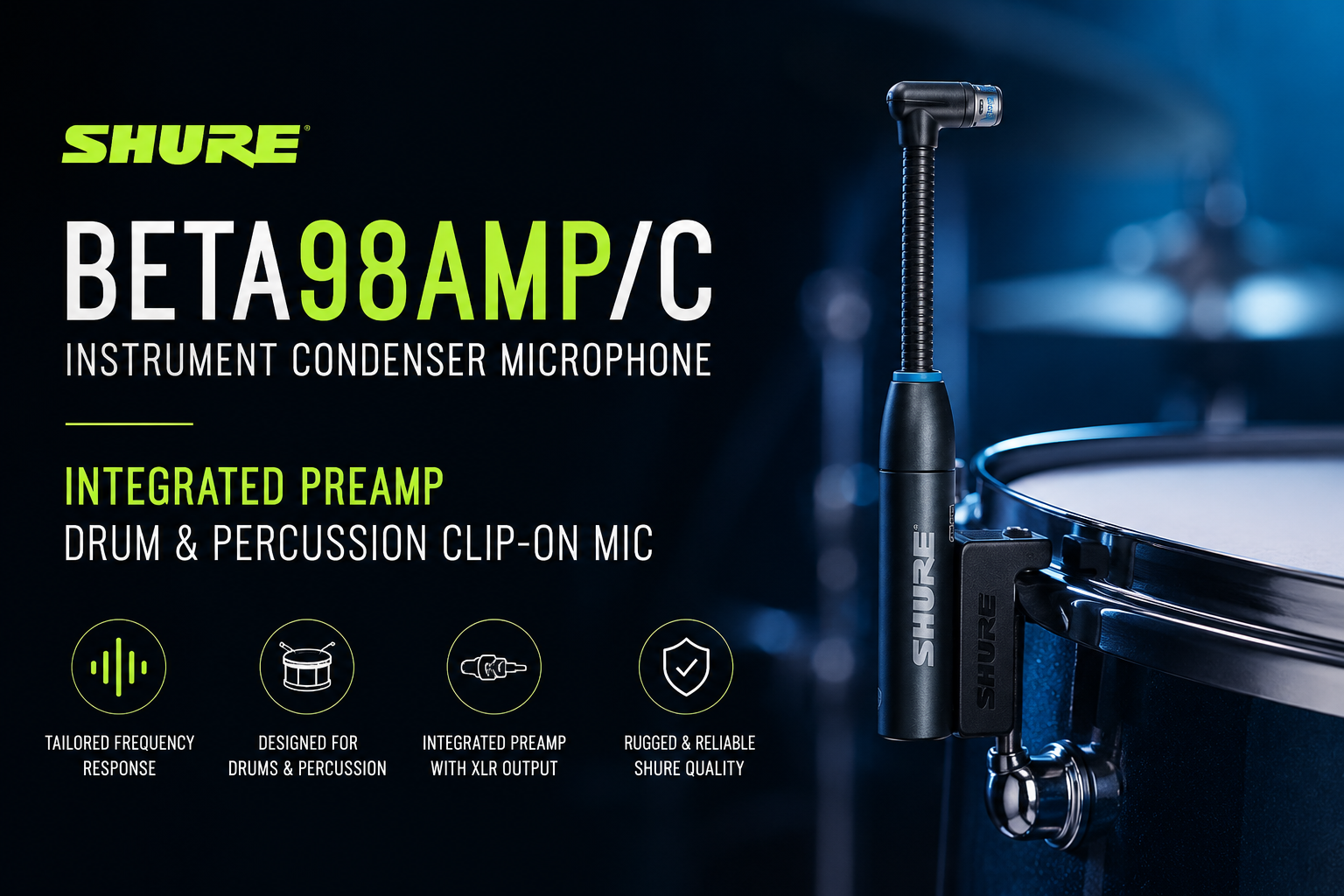 Shure BETA98AMP/C Instrument Condenser Microphone – Integrated Preamp Drum & Percussion Clip-On Mic