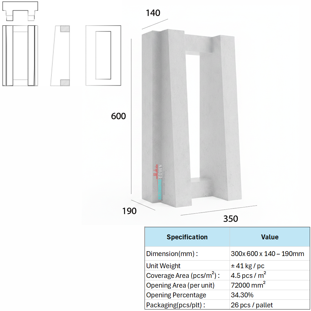 VENTILATION BLOCK - VB-600 (LWH 350 x 140-190 x 600)mm 