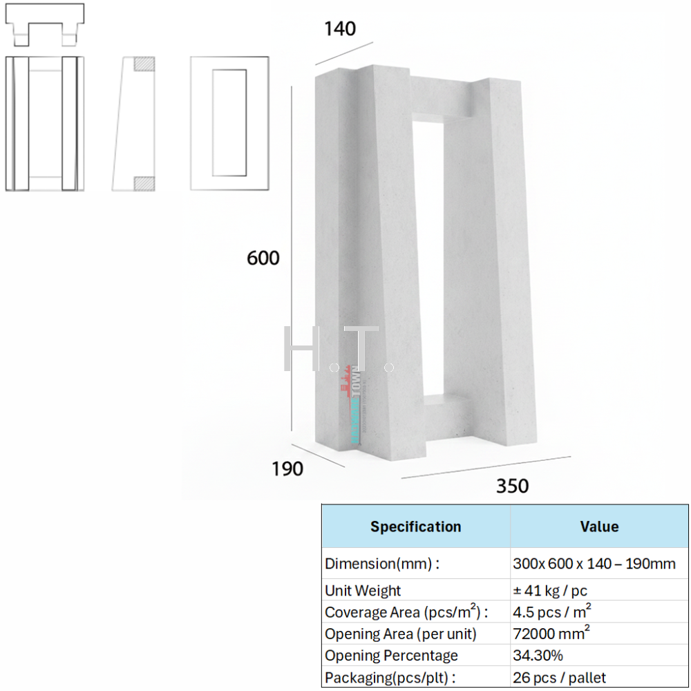VENTILATION BLOCK - VB-600 (LWH 350 x 140-190 x 600)mm
